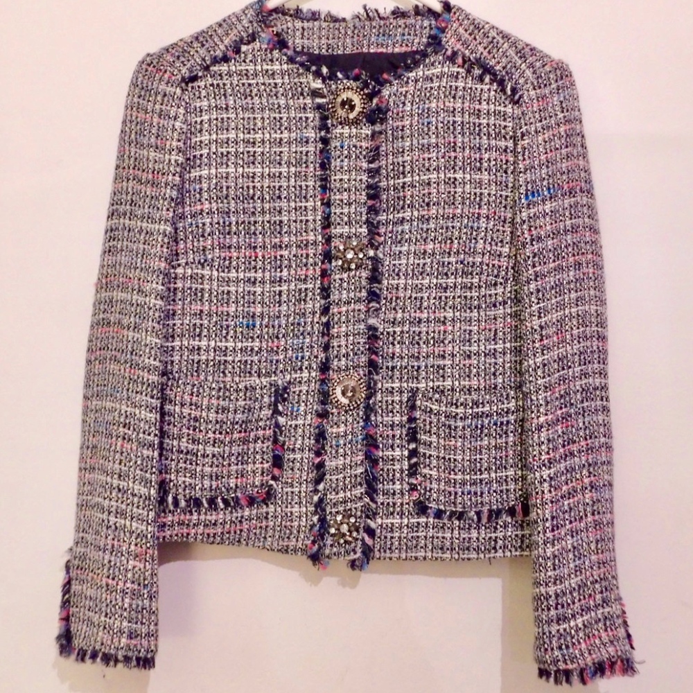 ZARA BLUE NAVY FRAYED TWEED BLAZER JACKET